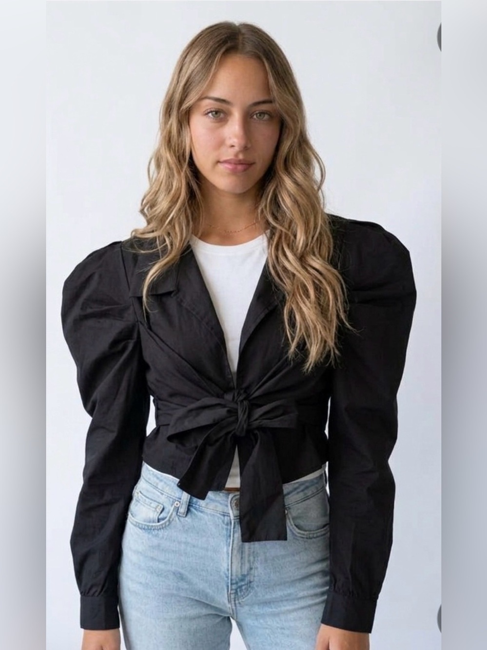 NWT ENVME Black Wrap Around Cropped Tie Front Puff Sleeve Blouse Sz 2XL
